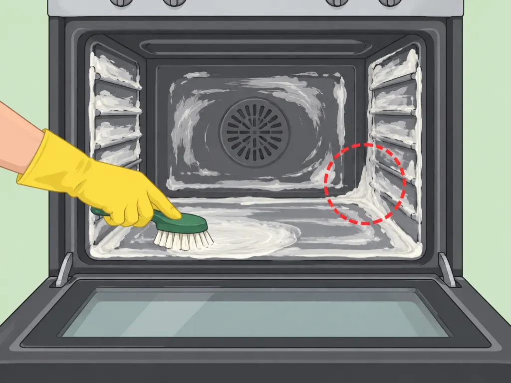 Spreading a baking soda paste over the inside of an oven with a gloved hand.