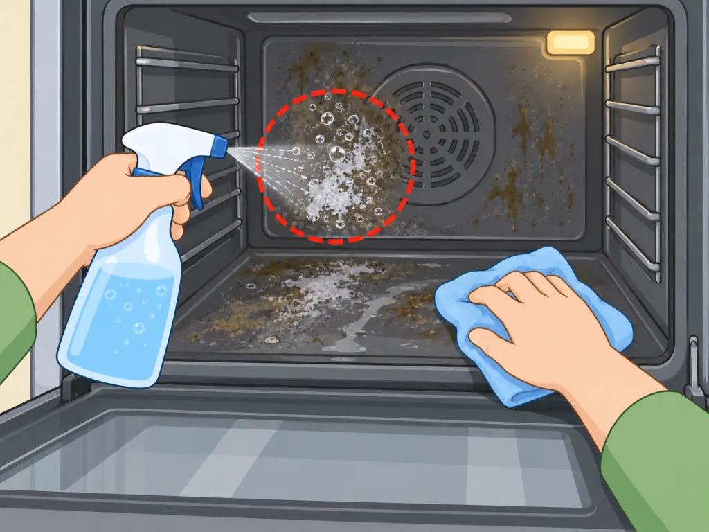 Spraying vinegar onto baking soda residue inside an oven and wiping it clean.