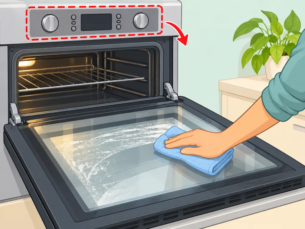 Wiping the oven door glass with a cloth while keeping liquid away from the control panel.
