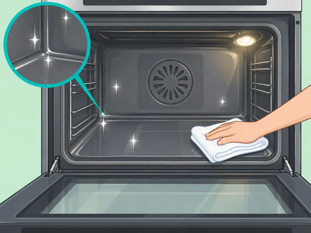 A final wipe-down of a clean oven interior with a damp cloth.