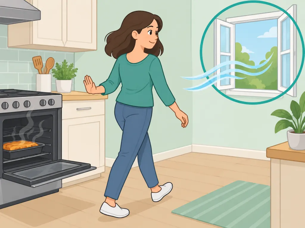 A person stepping away from the oven toward an open window for fresh air.