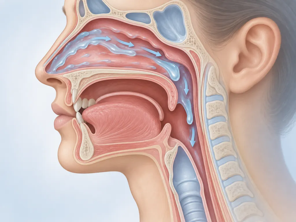 A non-graphic illustration of mucus draining from the nose toward the throat.