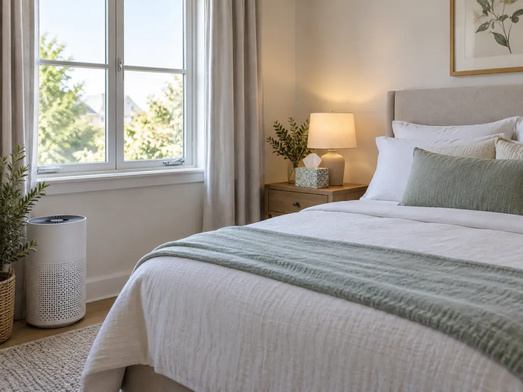 A tidy bedroom arranged to reduce dust and pollen exposure during congestion.