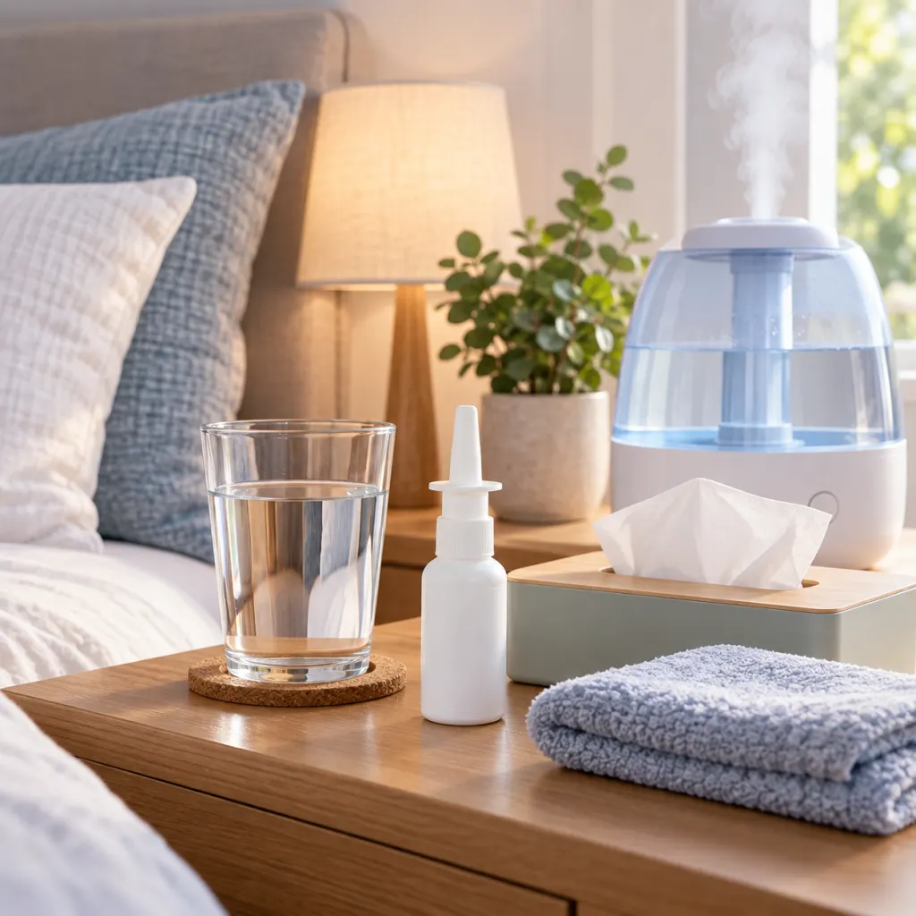 A clean bedside table with water, tissues, saline spray, and a cool-mist humidifier.