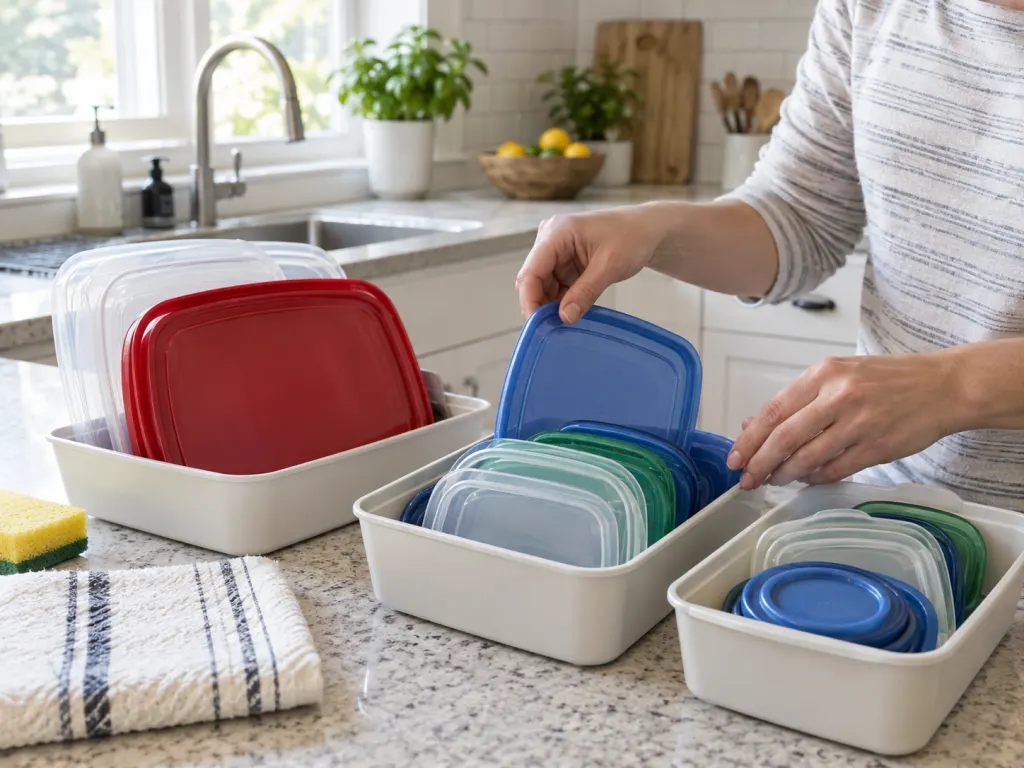 Hands sorting clean plastic lids into bins by size.