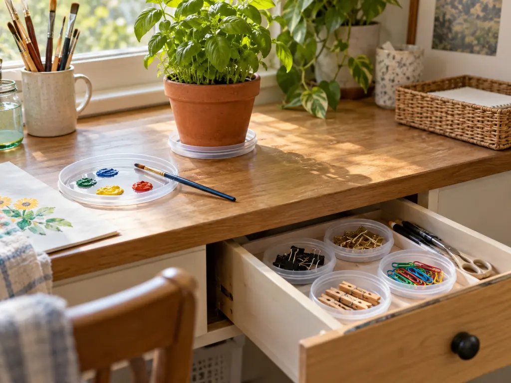 Plastic lids reused as a plant saucer, paint palette, and drawer organizers.