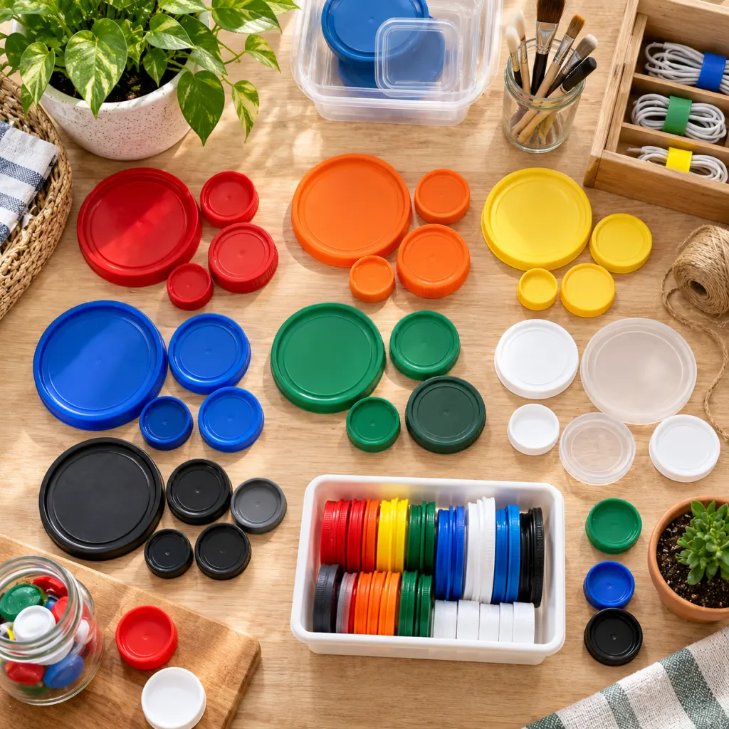 Clean plastic lids sorted on a table with household reuse items around them.