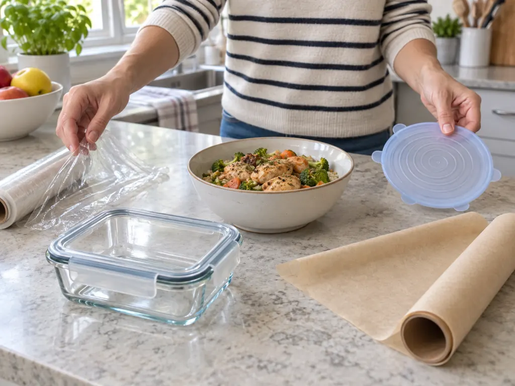 Hands compare plastic wrap with glass, parchment, and silicone food storage options.