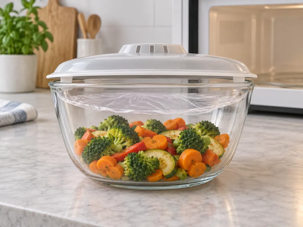 An illustrated microwave-safe bowl with a vented cover showing space above the food.