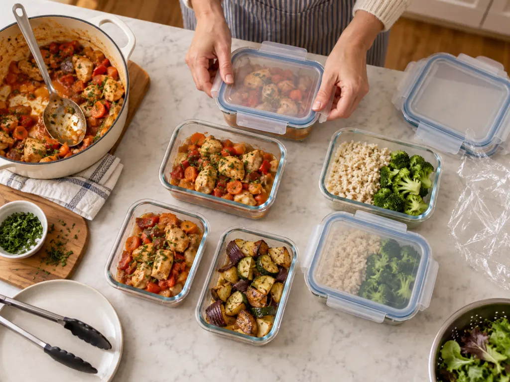 Cooled leftovers are portioned into lidded glass containers while cling film sits aside.