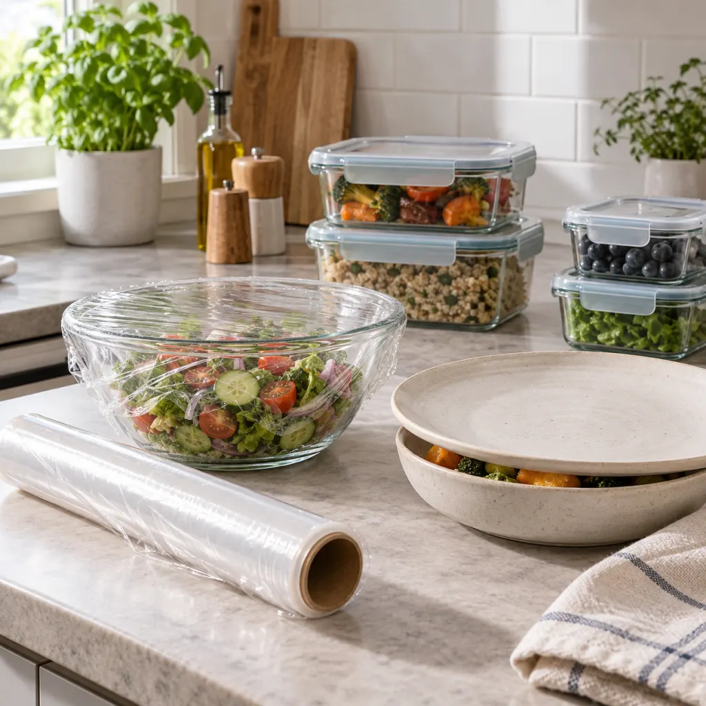A kitchen counter with cling film, a covered glass bowl, and reusable food storage containers.