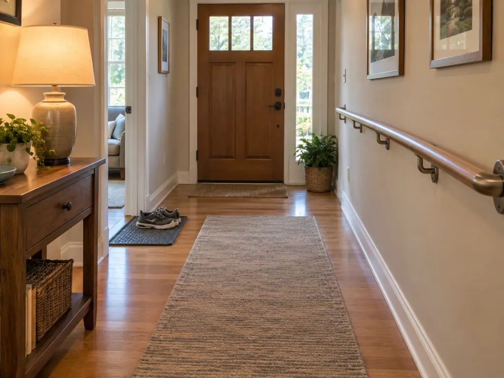 Clear, well-lit hallway with a handrail and uncluttered walking space.