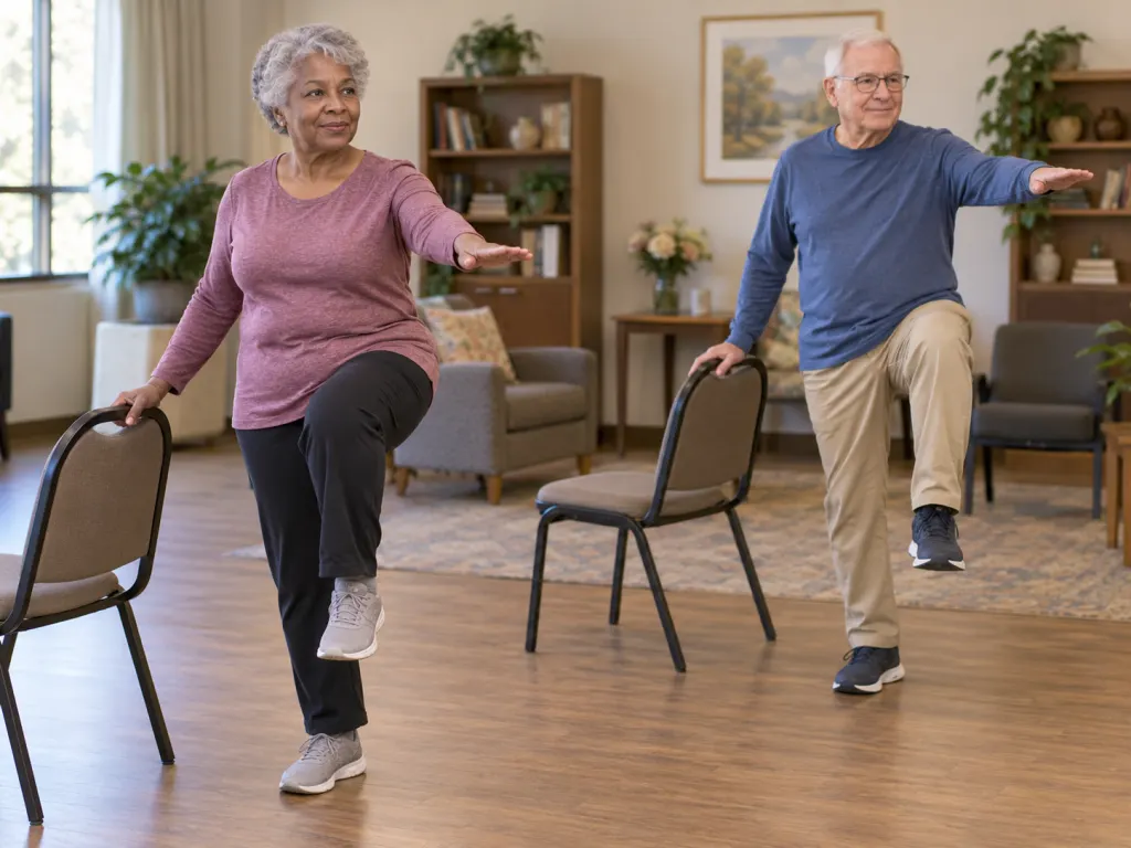 Older adults practicing gentle balance exercises with chairs nearby for support.
