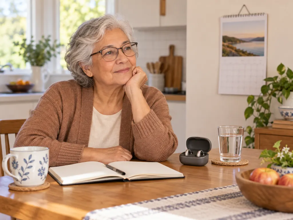 Illustration of glasses, hearing support items, a calendar, and water on a table beside an older adult.
