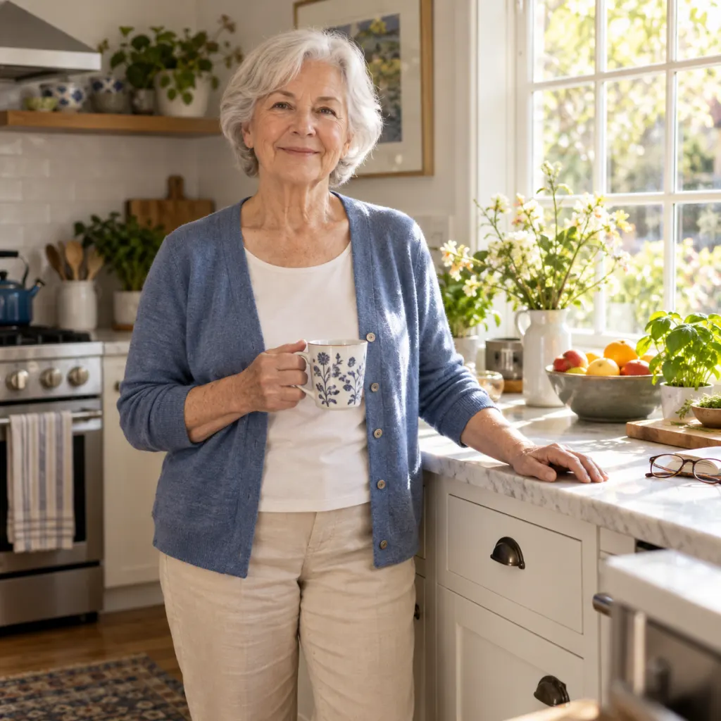 Older adult standing calmly in a bright kitchen with a steady hand on the counter.