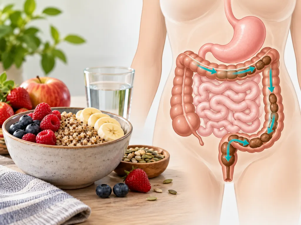 A non-graphic illustration of digestion shown beside whole grains and fruit.