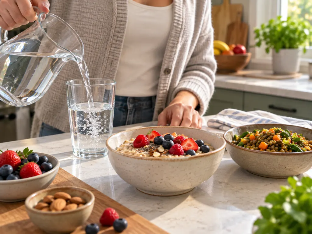 A breakfast scene with water, oatmeal, berries, lentils, and vegetables.