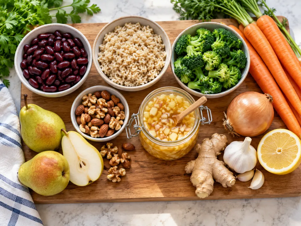 A meal-prep board with high-fiber foods and a small jar of kitchen mixture.
