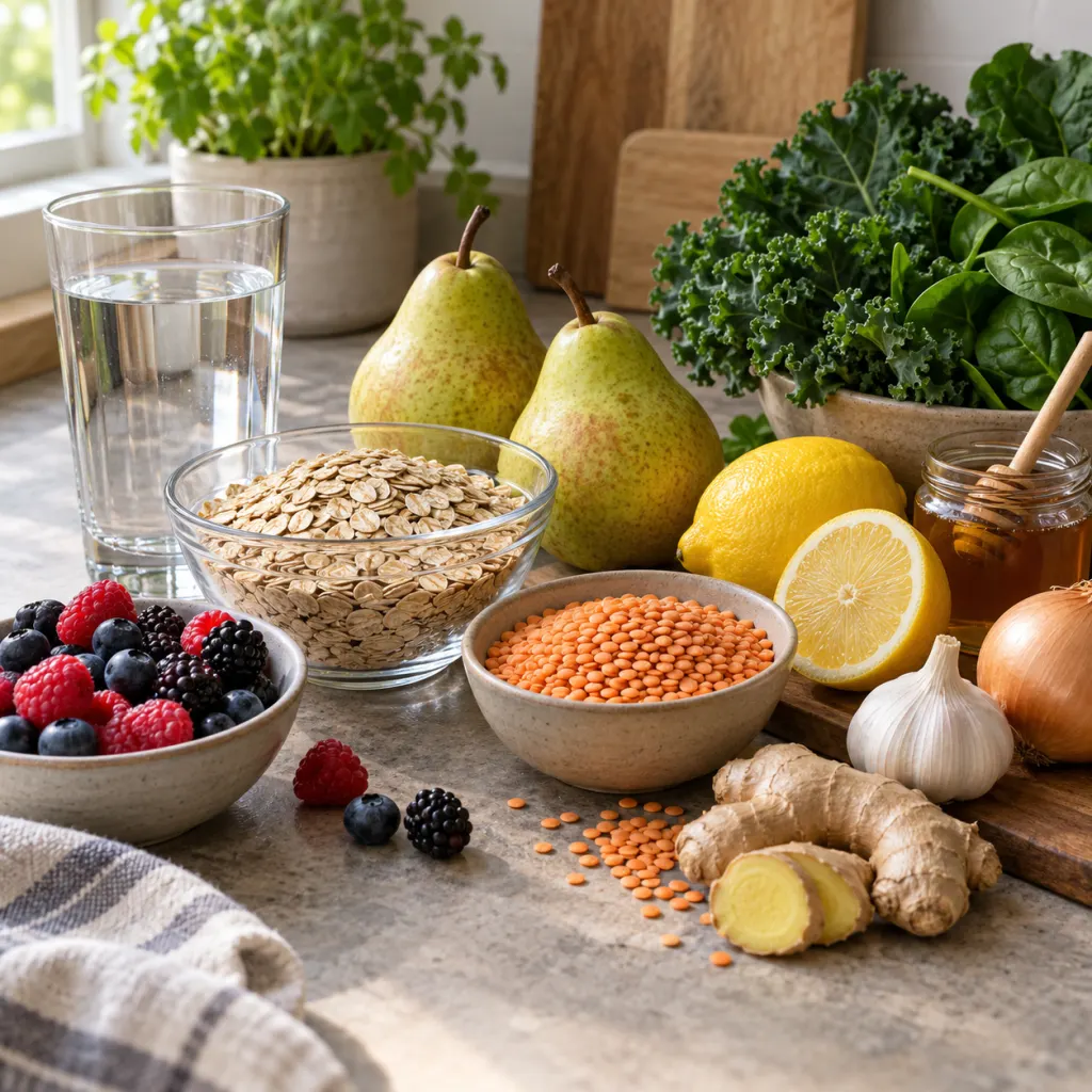 A kitchen counter with fiber-rich foods, water, and honey lemon ginger ingredients arranged neatly.