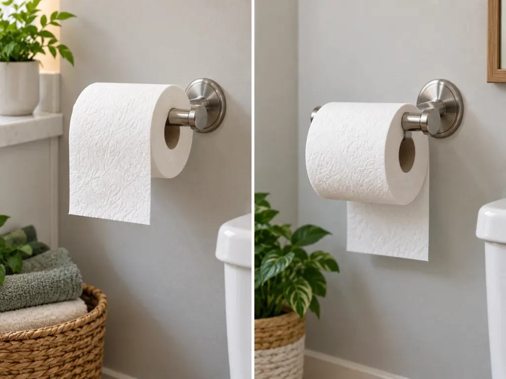 Two toilet paper rolls on holders showing over and under orientations.