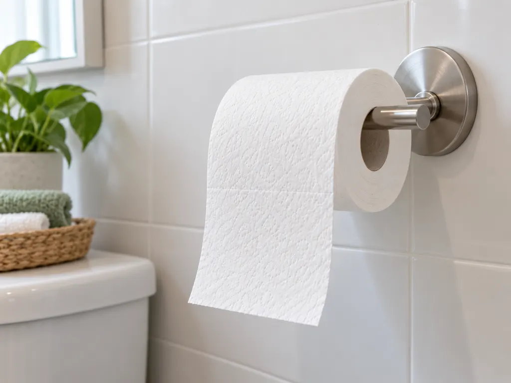 A toilet paper roll with the loose edge hanging clear of the wall.