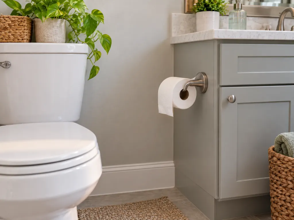 A toilet paper roll hung under in a compact family bathroom.