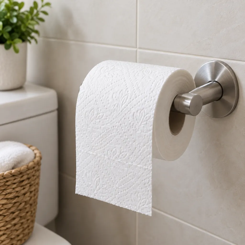 A toilet paper roll hung over on a clean wall-mounted holder.