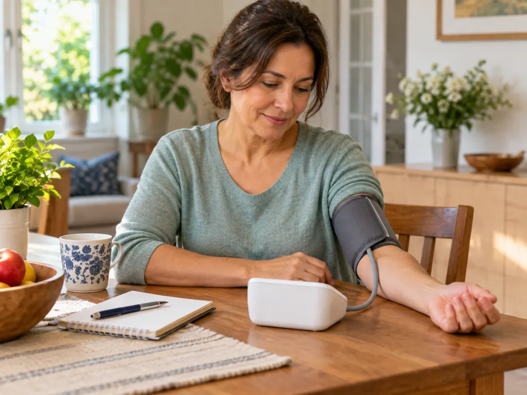 An adult checks blood pressure at home with an upper-arm cuff and a notebook nearby.