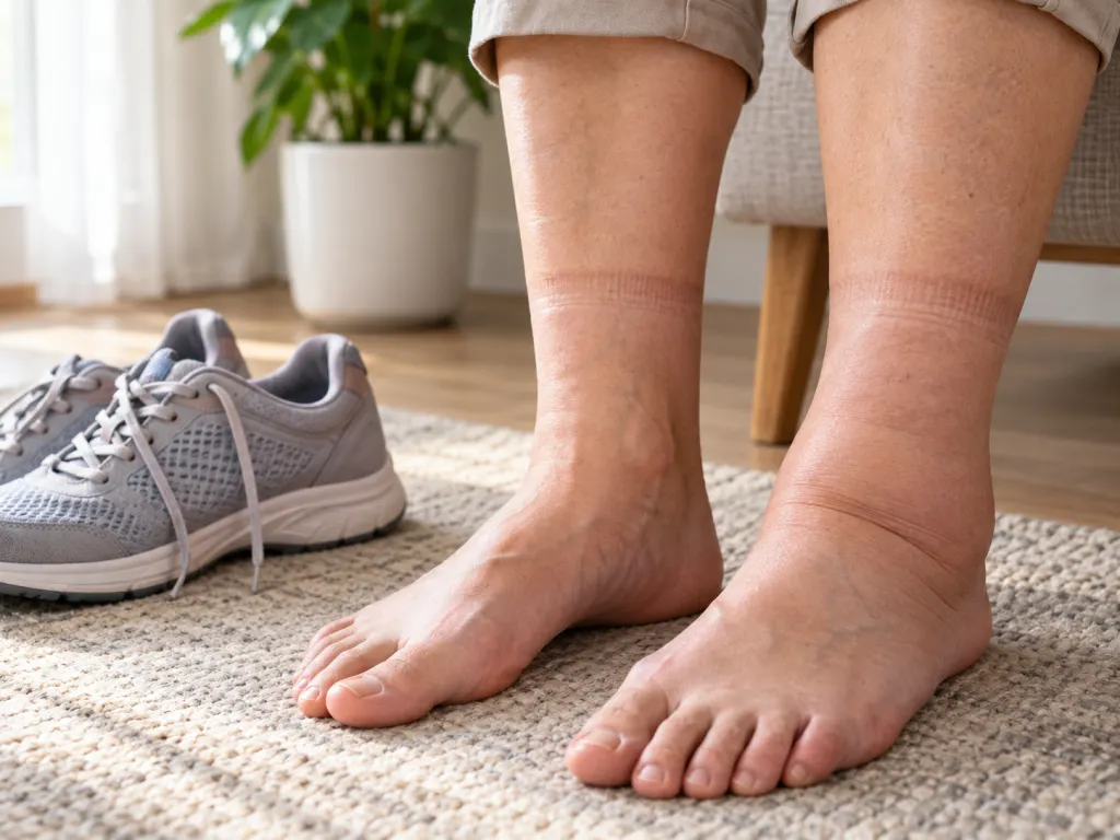 Lower legs near shoes showing subtle sock marks that suggest mild ankle swelling.