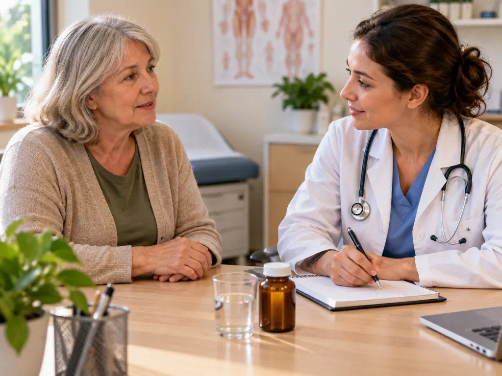 A patient discusses a symptom log with a clinician during a calm appointment.