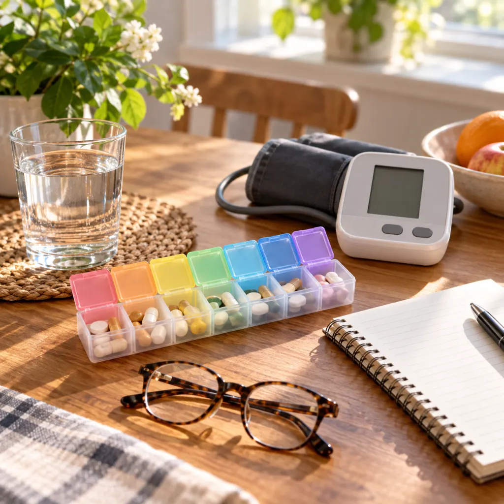 A home blood pressure monitor, notebook, and pill organizer arranged on a kitchen table.