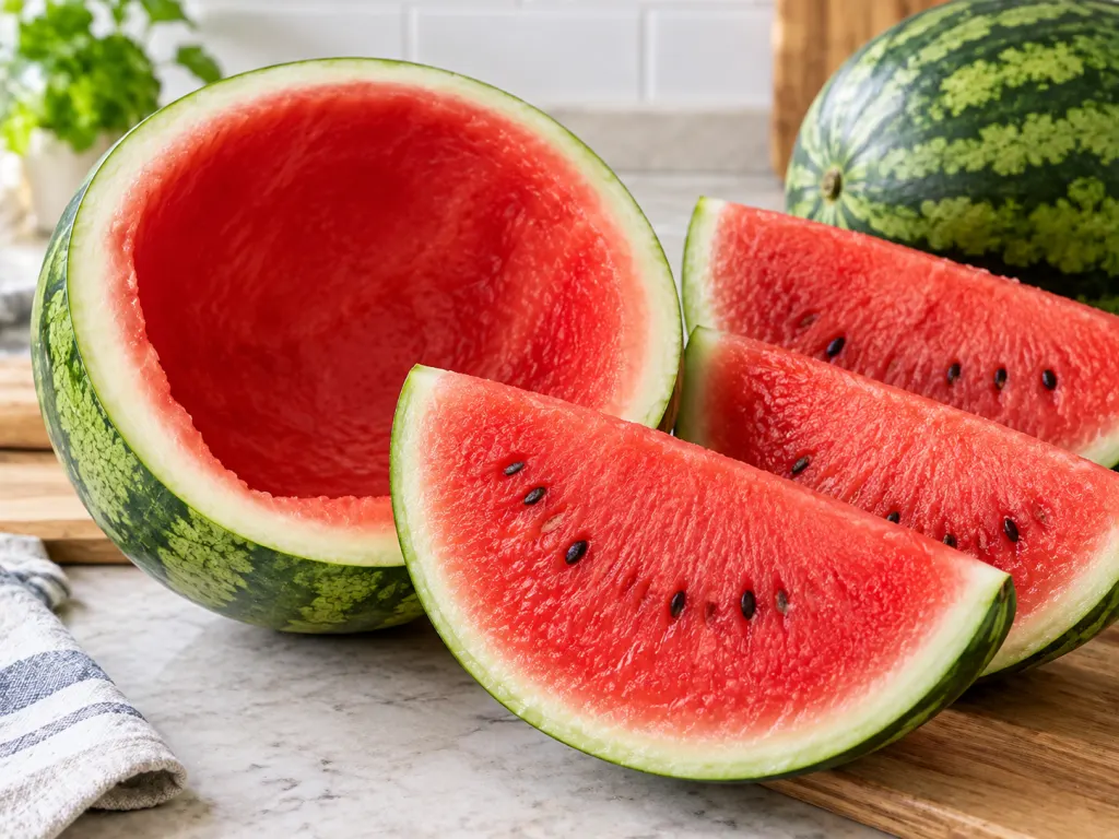 Fresh watermelon slices showing a clean internal hollow space and firm flesh.