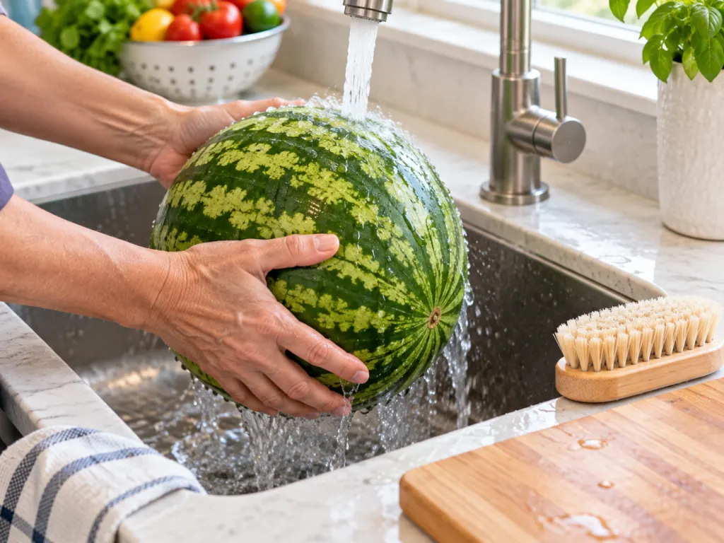 A whole watermelon being rinsed under running water with a produce brush nearby.