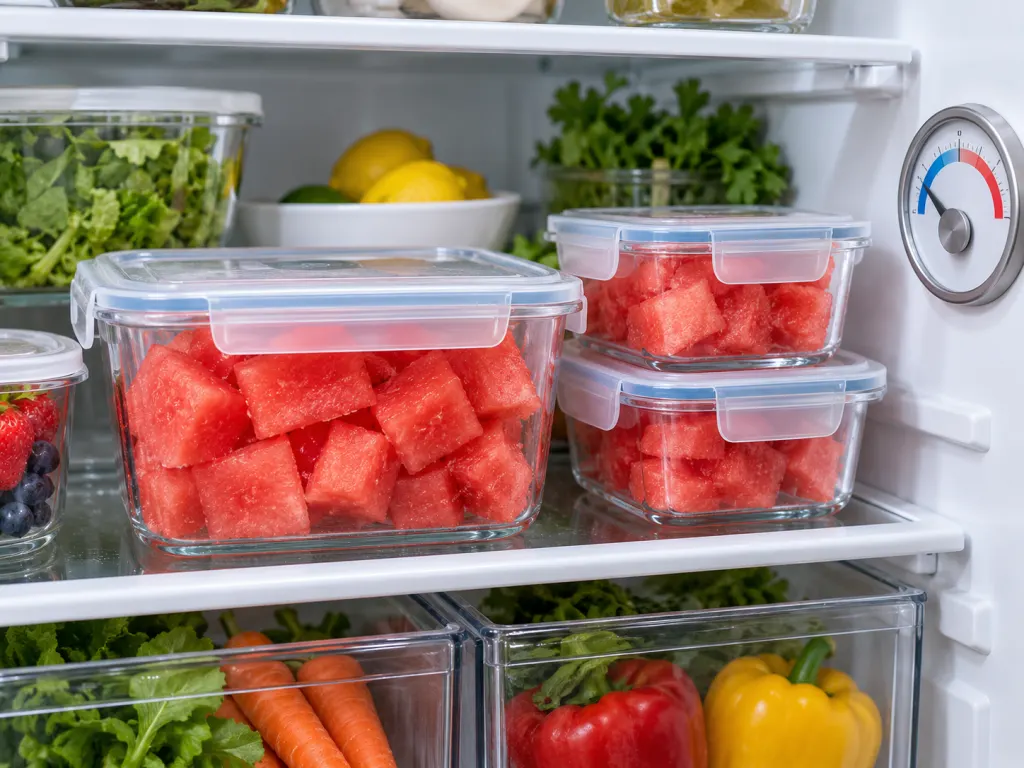 Covered containers of cut watermelon stored neatly inside a refrigerator.