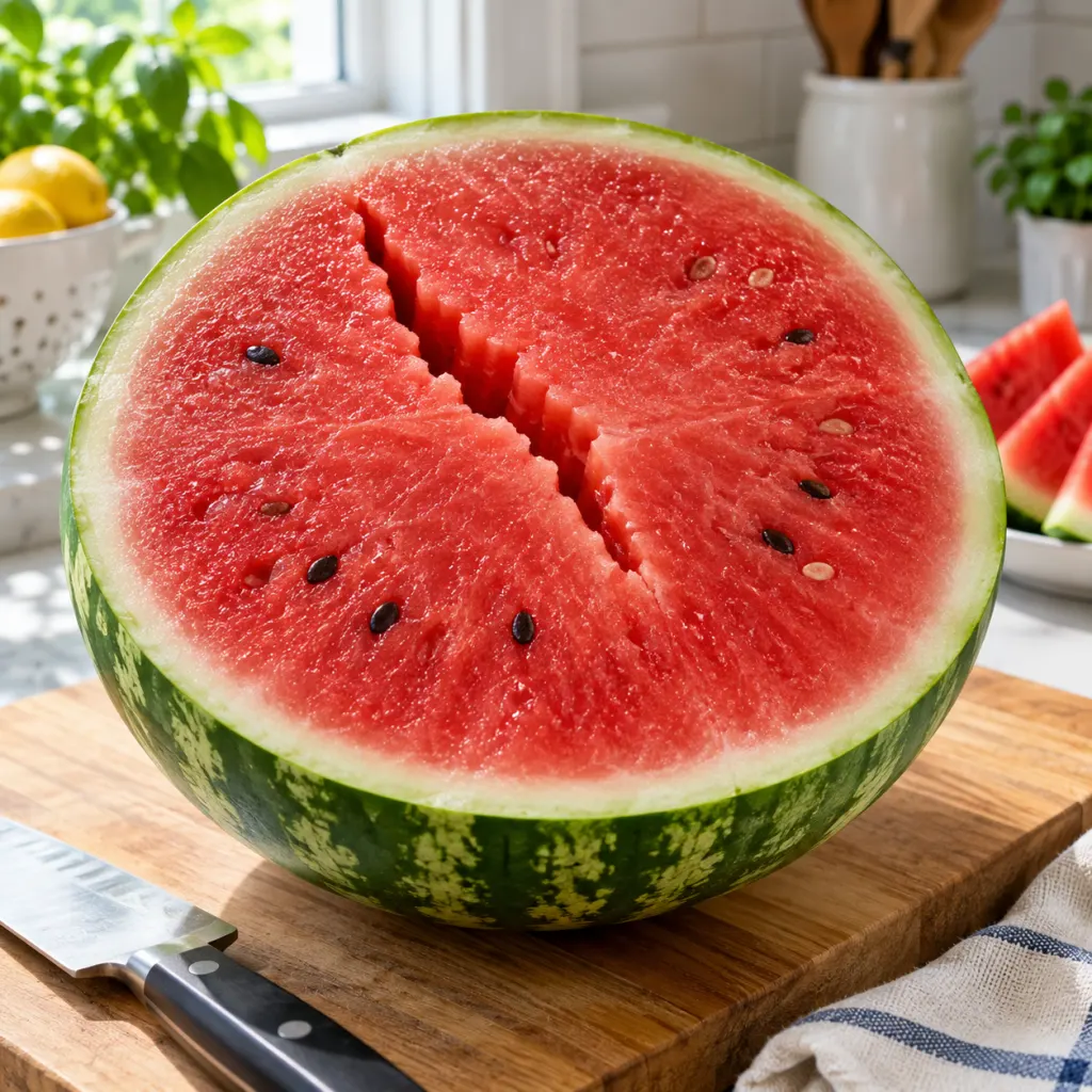 A cut watermelon half with a clean hollow crack in the center on a kitchen cutting board.