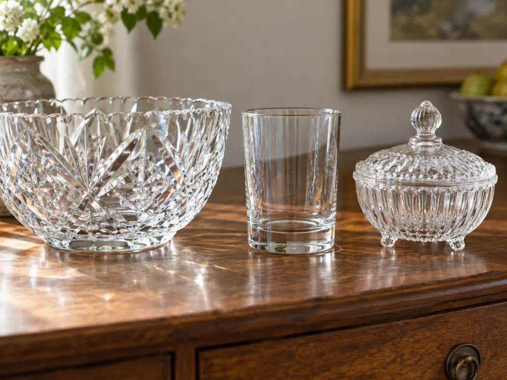 Clear glass and crystal dishes arranged side by side for comparison.