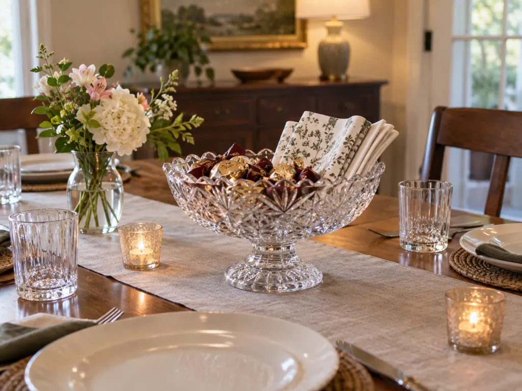 Crystal dish used as a centerpiece with wrapped sweets and napkins.
