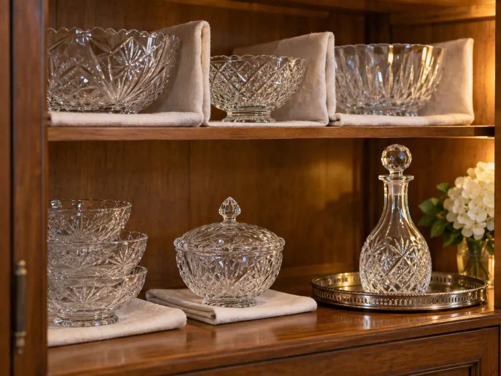 Vintage crystal dishes safely arranged in a cabinet for storage and display.