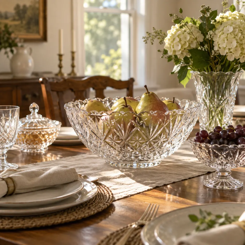 Vintage crystal bowl and dishes glowing softly on a family dining table.