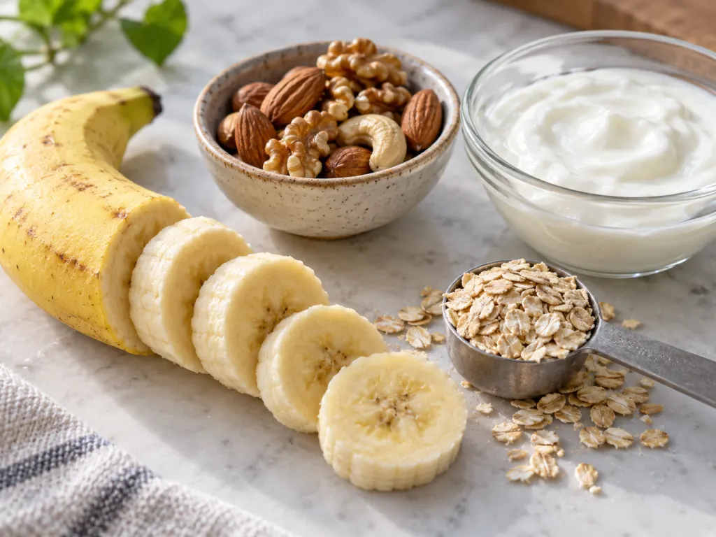 Banana slices arranged with oats, nuts, and plain yogurt for a balanced snack.