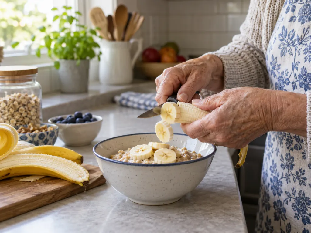Older adult hands slicing a banana over a bowl of oatmeal.