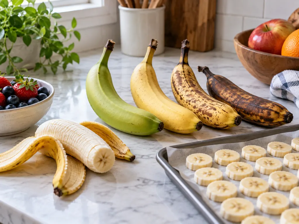 Bananas at different ripeness stages with frozen slices and other fruit nearby.