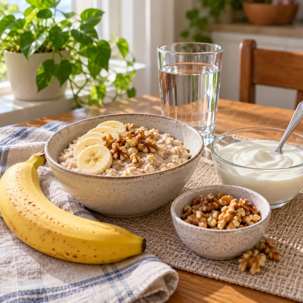 A ripe banana with oatmeal, yogurt, walnuts, and water on a breakfast table.