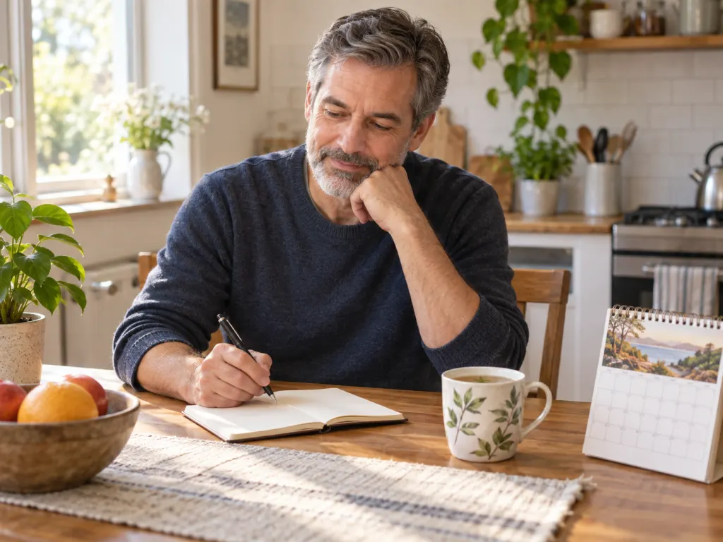 A man with herbal tea and a notebook at a kitchen table, suggesting careful observation of routines.