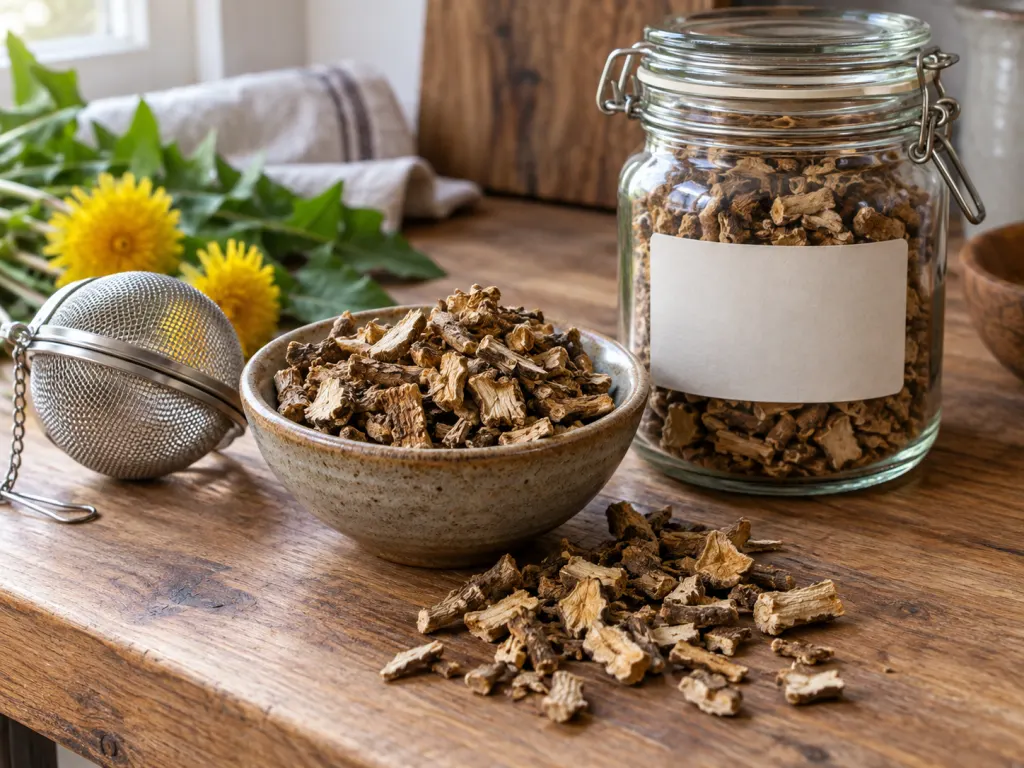 Dried dandelion root with a tea strainer and a blank-labeled jar on a wooden counter.