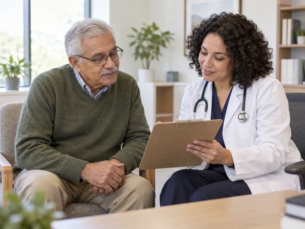 An older man speaks with a clinician in a bright office during a calm health conversation.