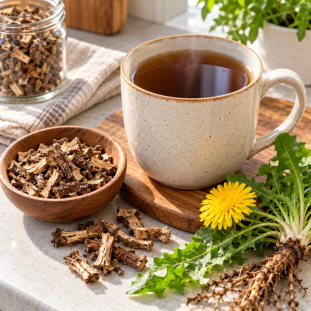 A mug of dandelion root tea with dried root pieces and a fresh dandelion on a kitchen counter.