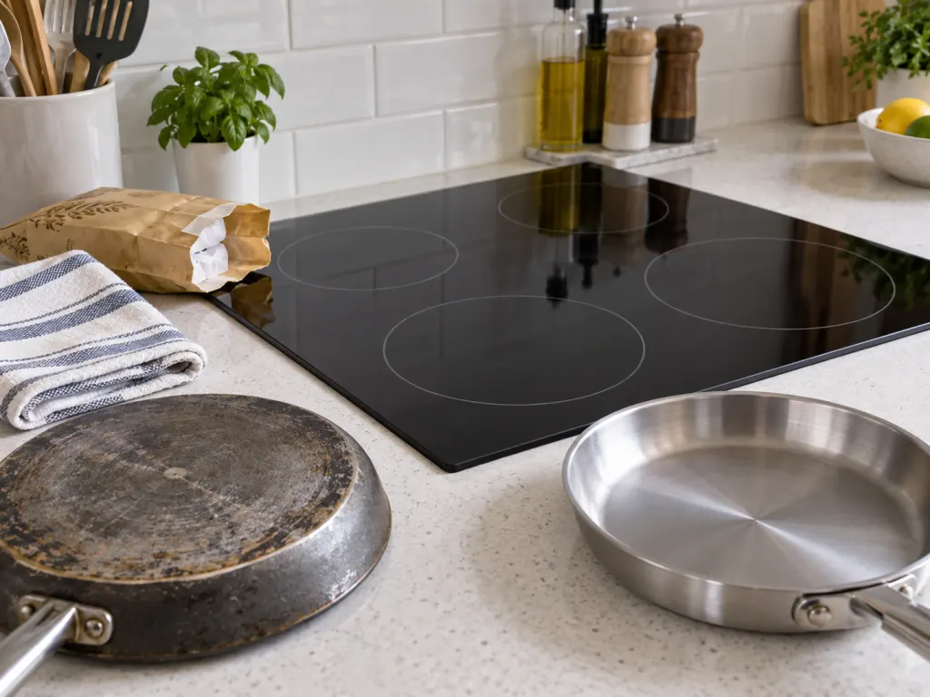 A glass cooktop shown with nearby clutter and cookware examples for safety comparison.