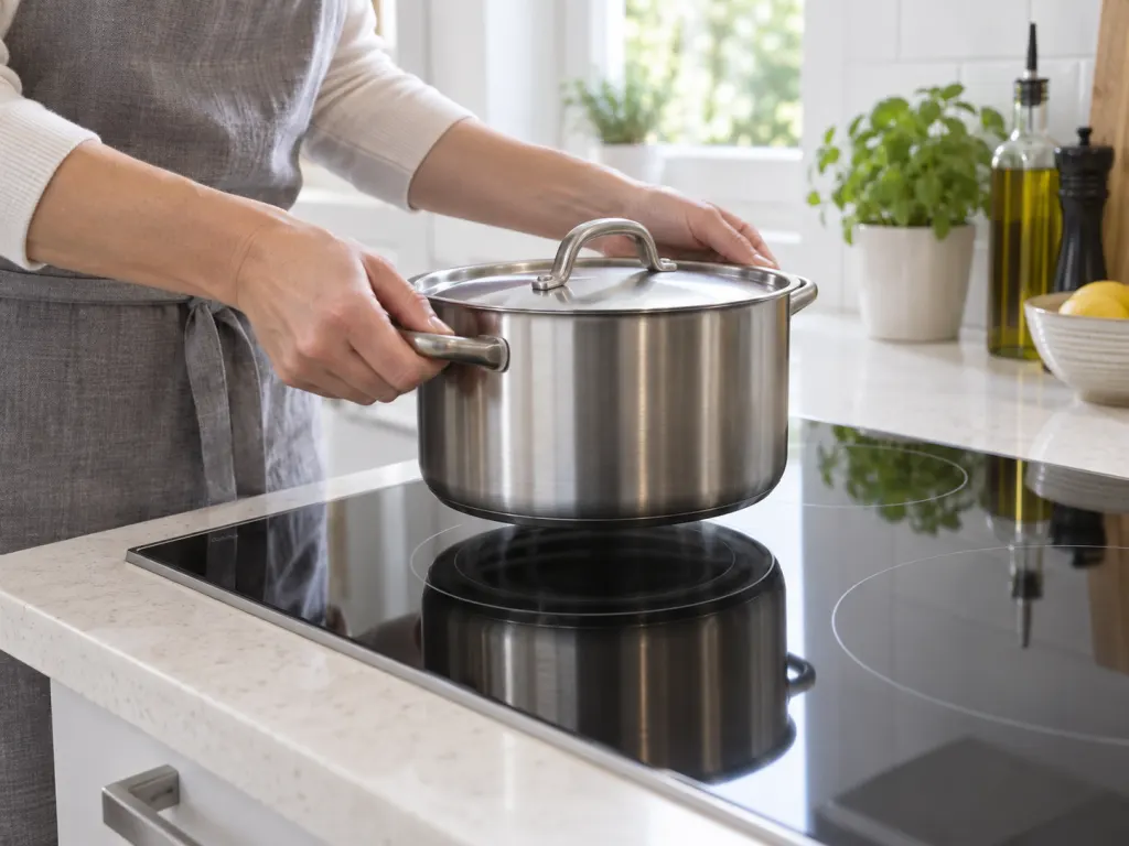 A cook sets a heavy pot straight down on a glass stovetop with the handle turned inward.