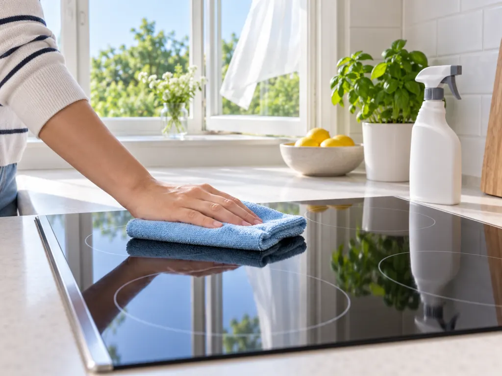 A cooled glass stovetop is cleaned with a soft cloth in a well-ventilated kitchen.
